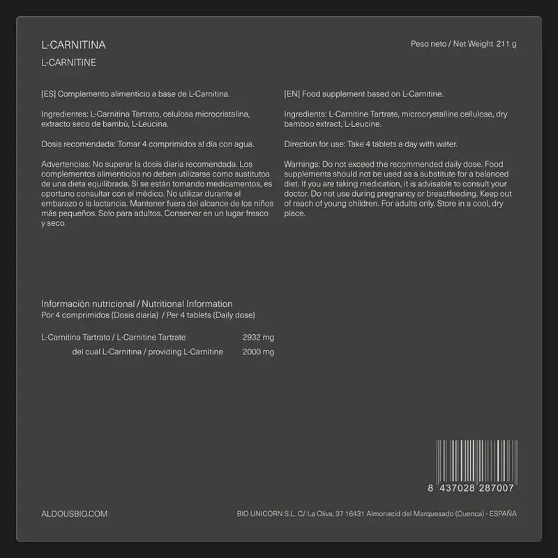 Aldous Bio L-καρνιτίνη 2000 mg: Συμπλήρωμα διατροφής για πριν την προπόνηση και μυϊκή αποκατάσταση, 200 δισκία