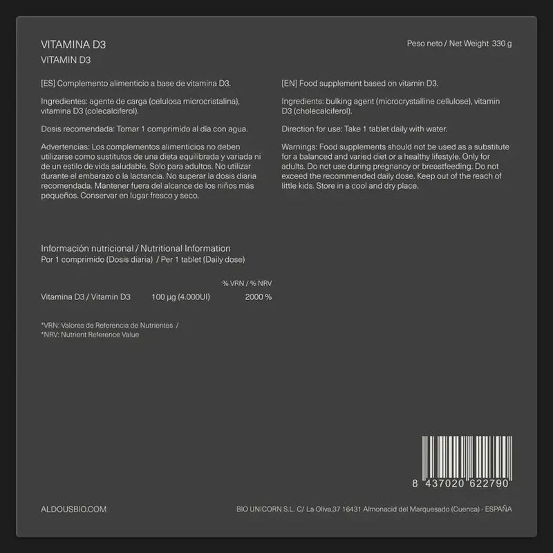 Aldous Bio Βιταμίνη D3 4000 IU Aldous, 500 δισκία