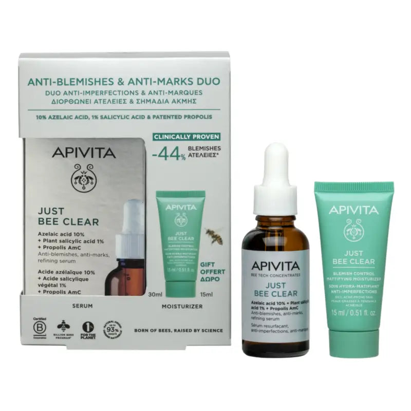 Apivita Just Bee Clear Ορός 30 ml + Κρέμα κατά των ατελειών, ματ και ενυδατική 15 ml
