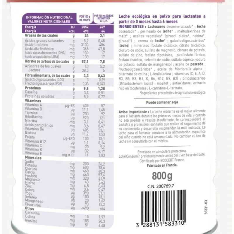 Babybio Optima 1 Γάλα αγελάδας 0-6 μηνών, Συσκευασία 2 x 800 γρ.