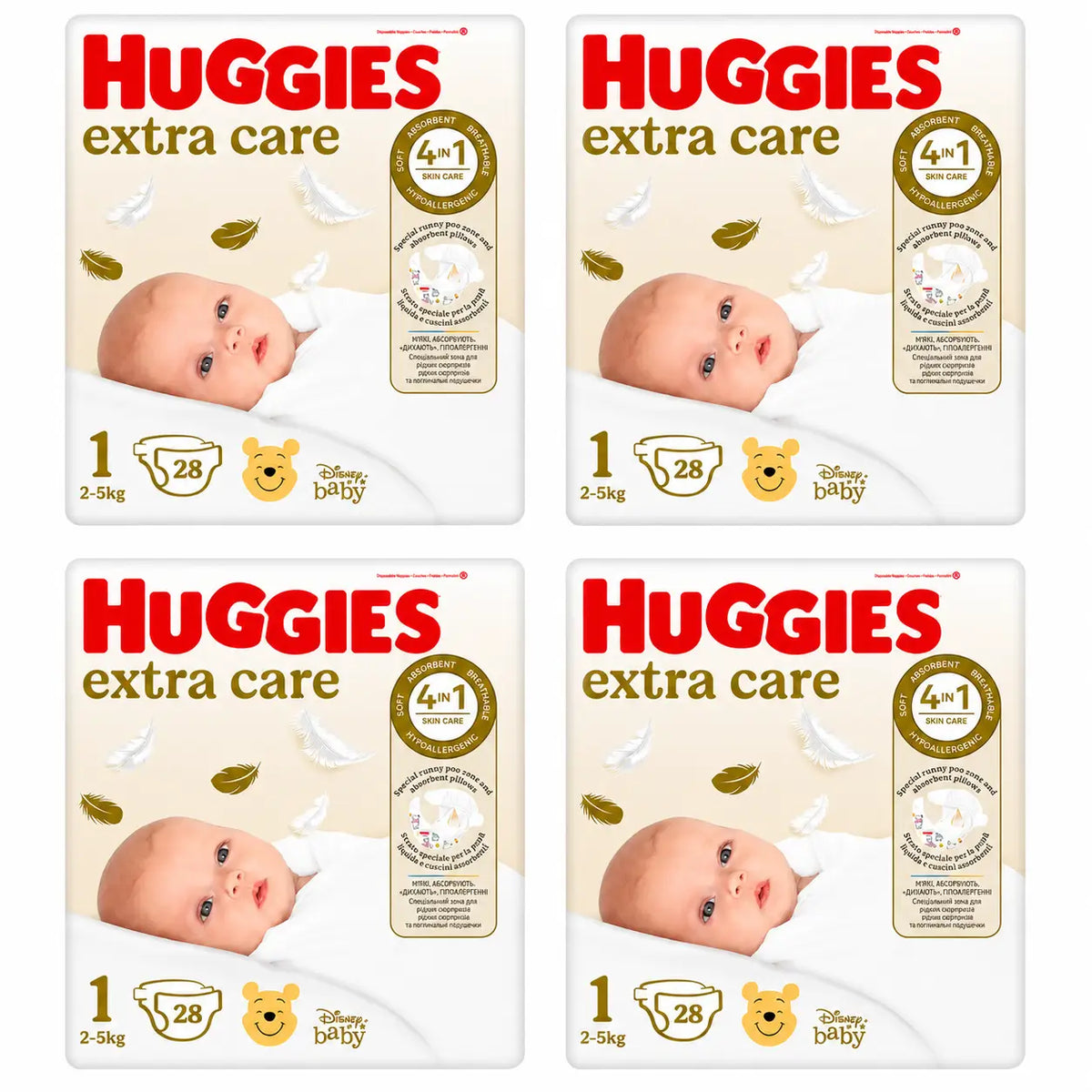 Huggies Extra Care Μέγεθος 1 (2-5 Kg) Πάνες για μωρά Disney, 28 τεμάχια, συσκευασία των 4