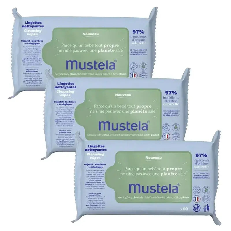 Mustela Μαντηλάκια καθαρισμού με βιολογικό αβοκάντο, 3 x 60 τεμάχια