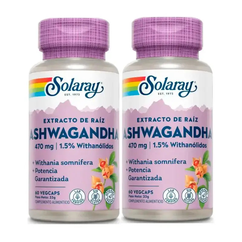 Solaray Ashwagandha 470 mg φυτικής προέλευσης, συσκευασία 2 x 60 κάψουλες