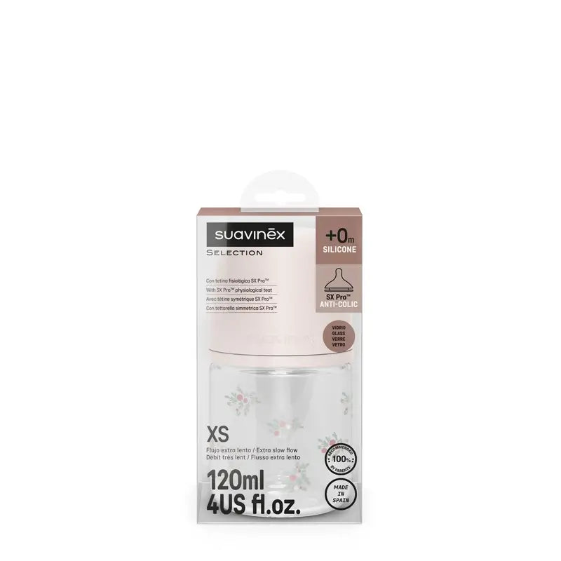 Suavinex Γυάλινο μπιμπερό 120 ml, αργή ροή (S), +0 μηνών, Poetry Ροζ