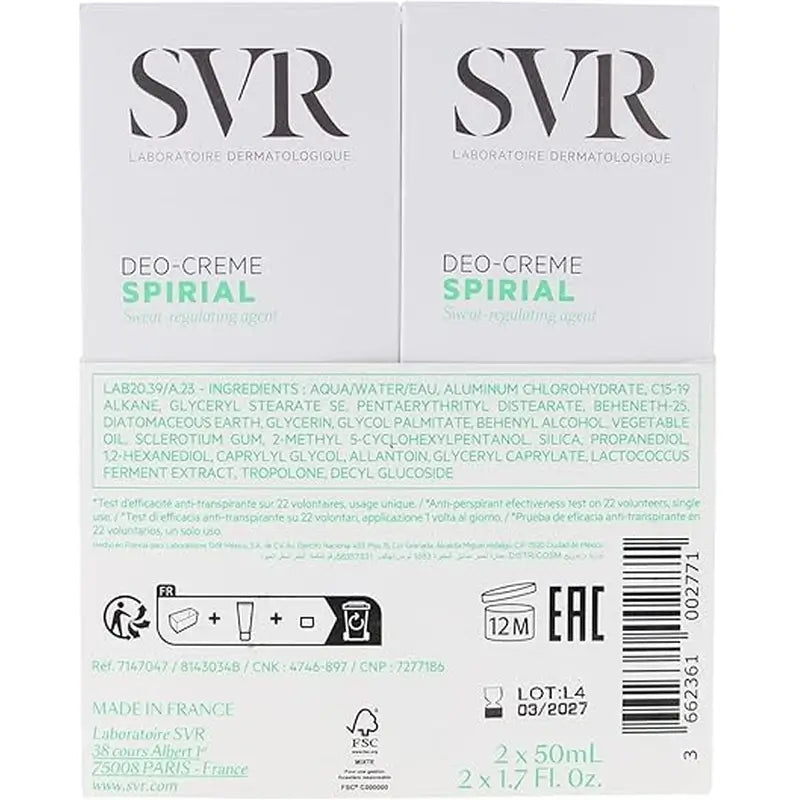 SVR Spirial Duo Deo-Cream Αντιιδρωτικό 48 ωρών, 2x50 ml