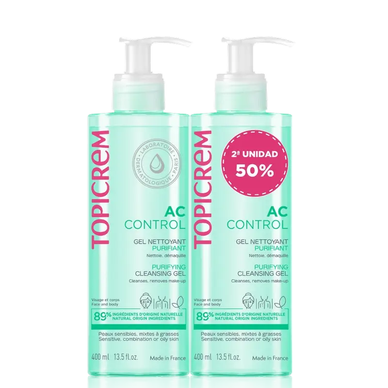 Topicrem Pack Dúo Ac Control Καθαριστικό Τζελ 400 ml, 2ο τεμάχιο, 50 %