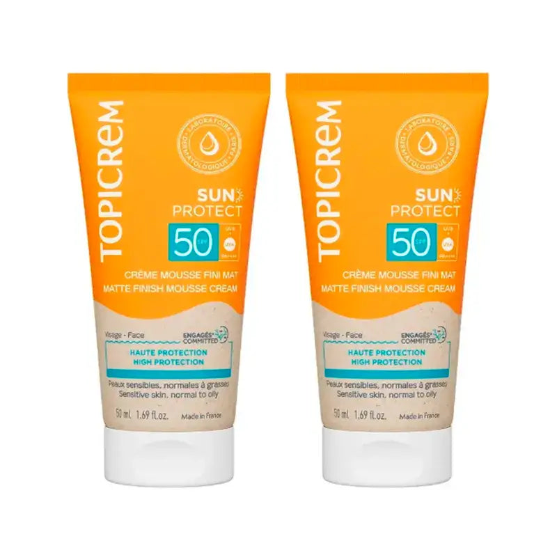 Topicrem Sun Protect Matte Finish Mousse Cream SPF50, Συσκευασία 2 x 50 ml
