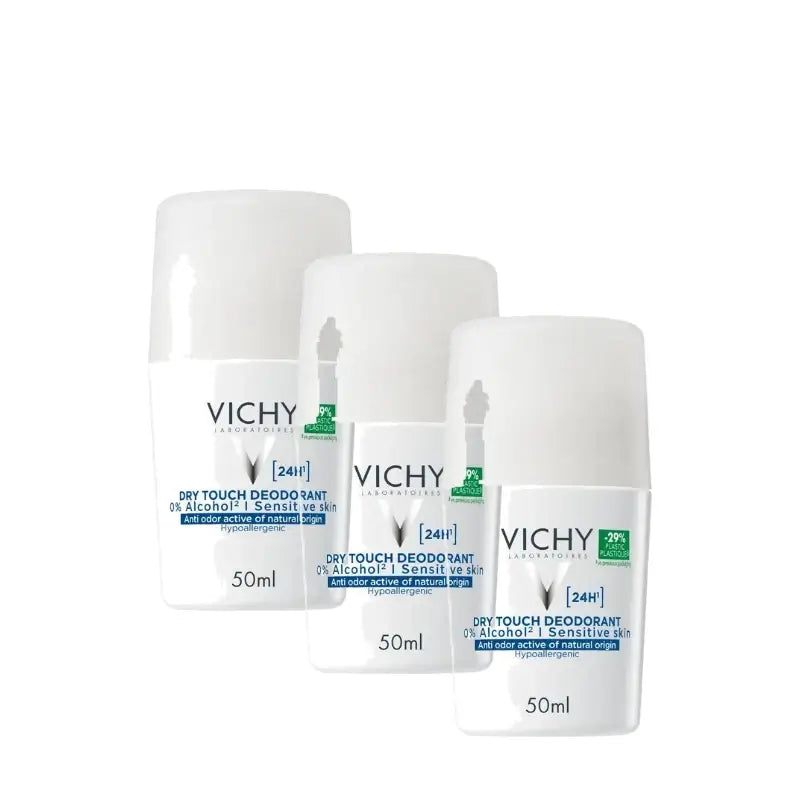 Vichy Αποσμητικό 24 ωρών με αίσθηση ξηρότητας, Roll-On, 0% αλκοόλη, 50 ml, συσκευασία 3 τεμαχίων