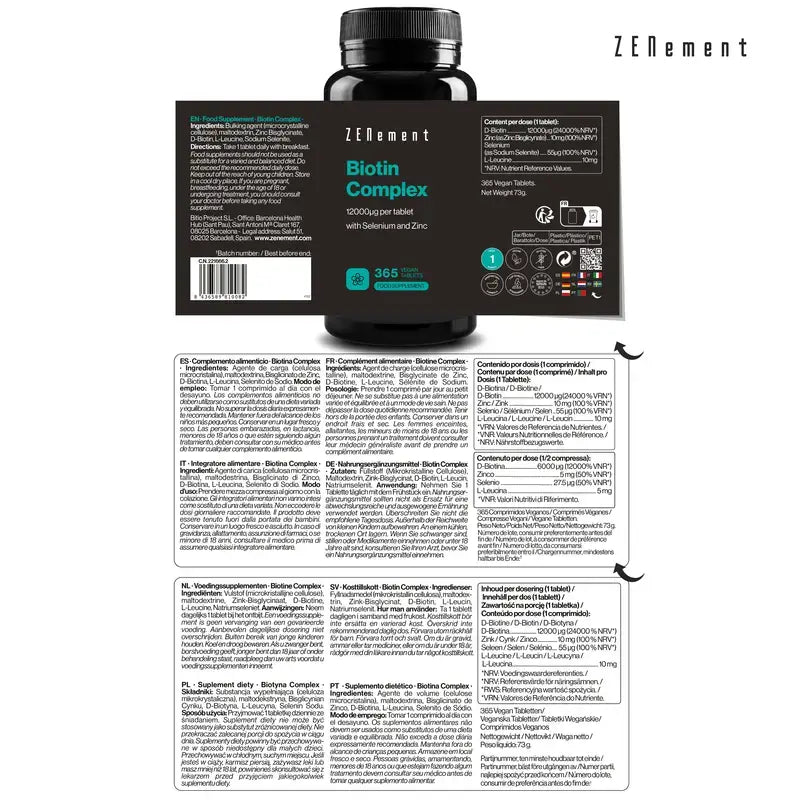 Zenement Biotina Complex με σελήνιο και ψευδάργυρο, 365 βίγκαν δισκία