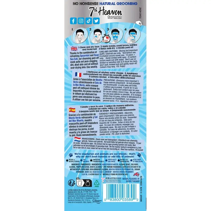7 Heaven Μάσκα προσώπου για άνδρες Peel-Off με άλατα της Νεκράς Θάλασσας, 10 ml