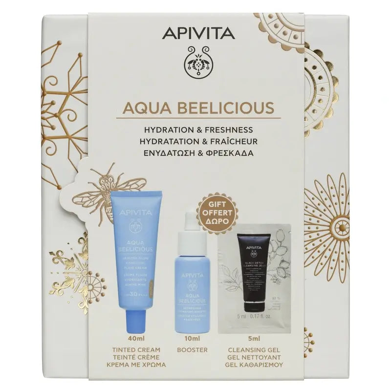 Apivita Προσφορά Aqua Beelicious Κρέμα Υγρή, Λαμπερή, Ενυδατική, SPF 30, Με Χρώμα, 40 ml + Δώρο: Ορός 10 ml + Black Detox 5 ml 