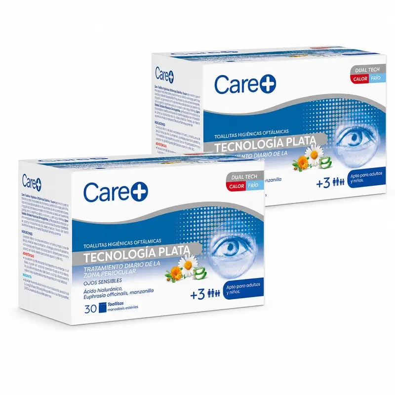 Care+ Οφθαλμικά μαντηλάκια με τεχνολογία αργύρου, συσκευασία 2 x 30 τεμάχια