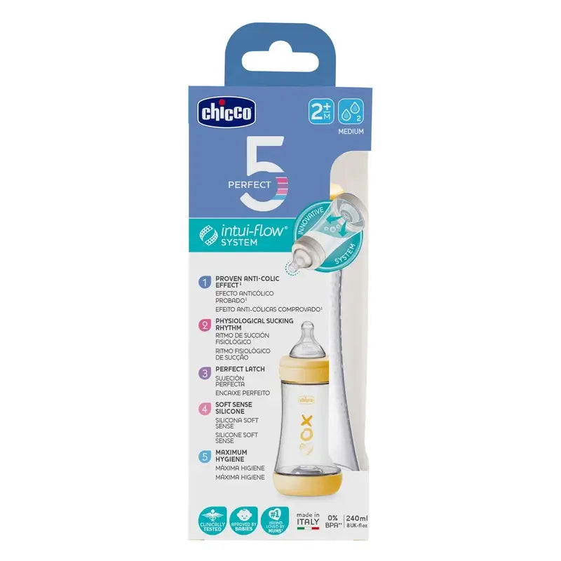 Chicco Μπιμπερό Perfect5 Ουδέτερο, Μέτρια Ροή, 240 ml, 2M+ 