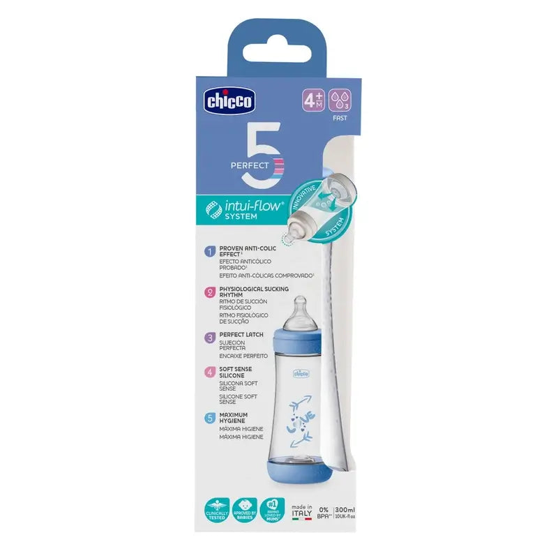 Chicco Μπιμπερό Perfect5 Μπλε, Γρήγορη Ροή, 300 ml, 4M+ 