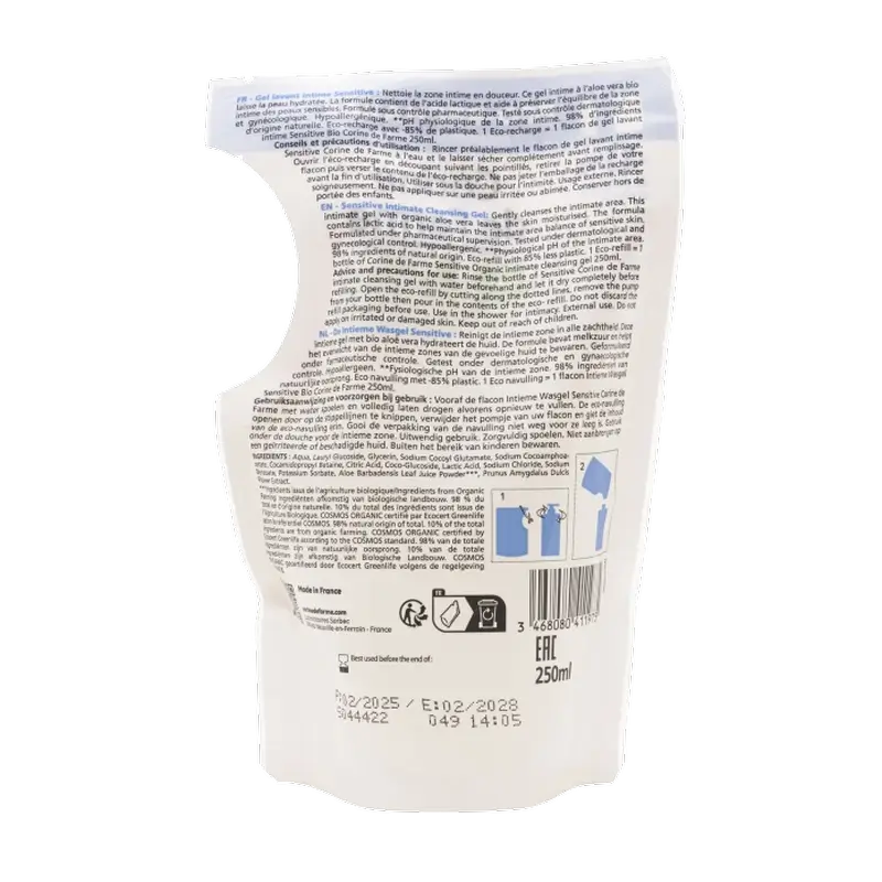 Corine De Farme Ανταλλακτικό Doypack Gel για την προσωπική υγιεινή Sensitive Bio, 250 ml