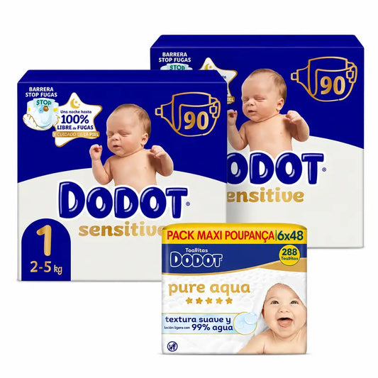 Dodot Sensitive Μέγεθος 1, 2kg-5kg, 180 πάνες + Dodot Pure Aqua 288 μωρομάντηλα