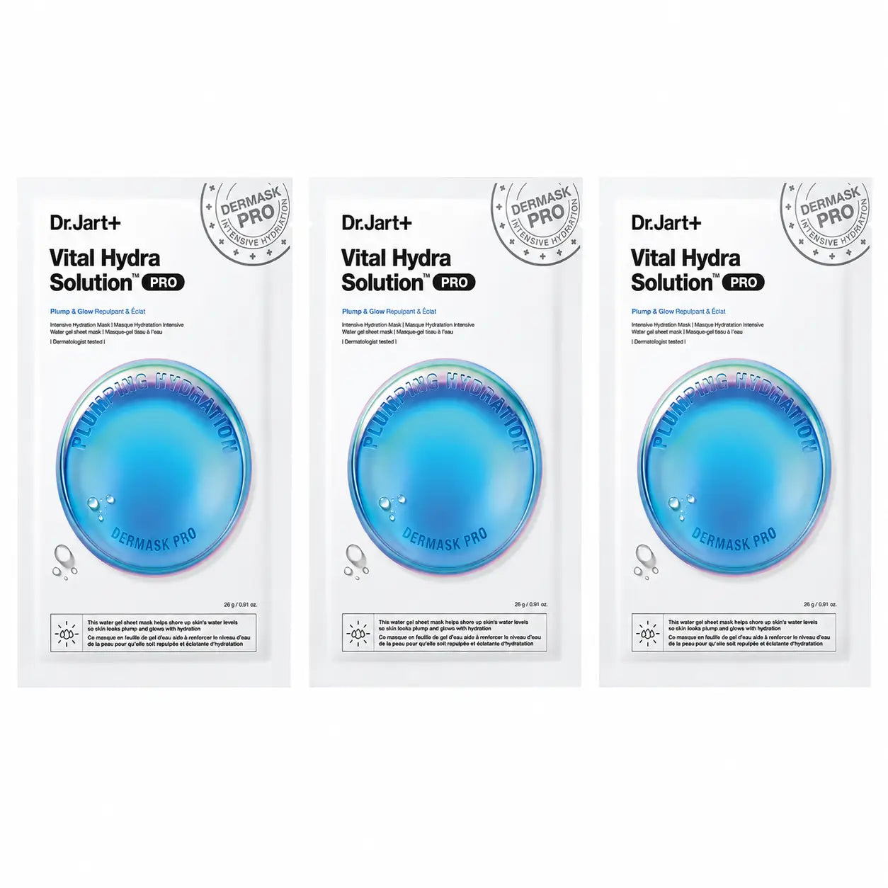 Dr.Jart+ Dermask Vital Hydra Solution Pro Ενυδατική μάσκα προσώπου, 26 γρ., συσκευασία 3 τεμαχίων