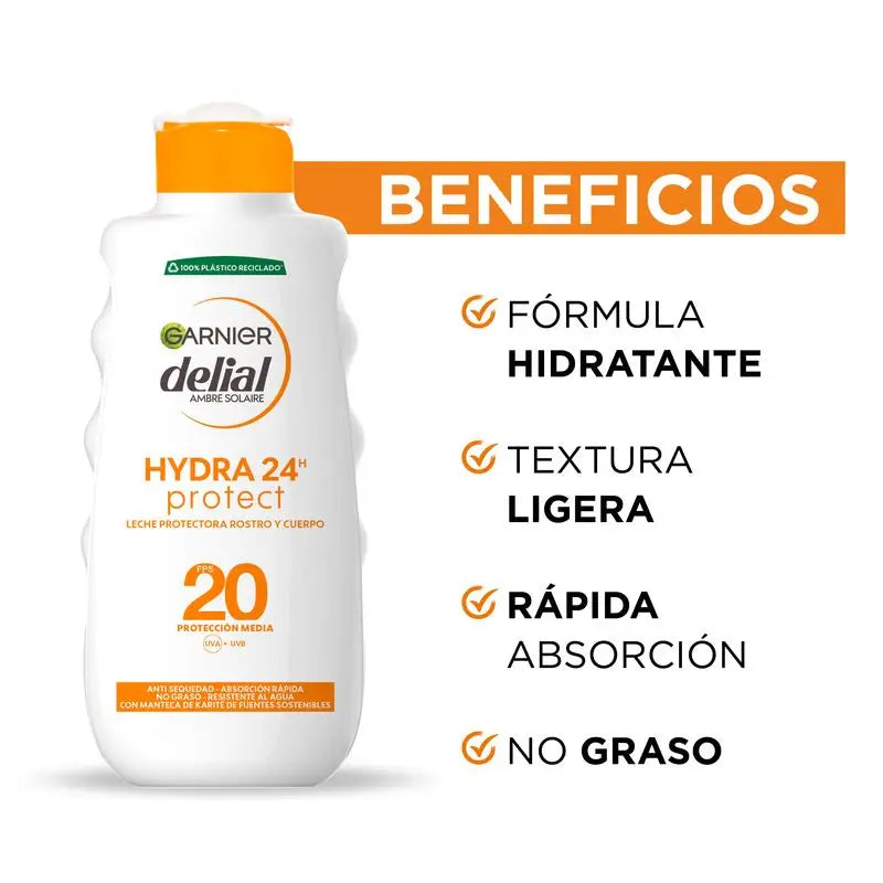 Garnier Delial Hydra 24H Protect Προστατευτικό Γαλάκτωμα Προσώπου και Σώματος με SPF 20, για απαλό και ενυδατωμένο δέρμα, 200 ml