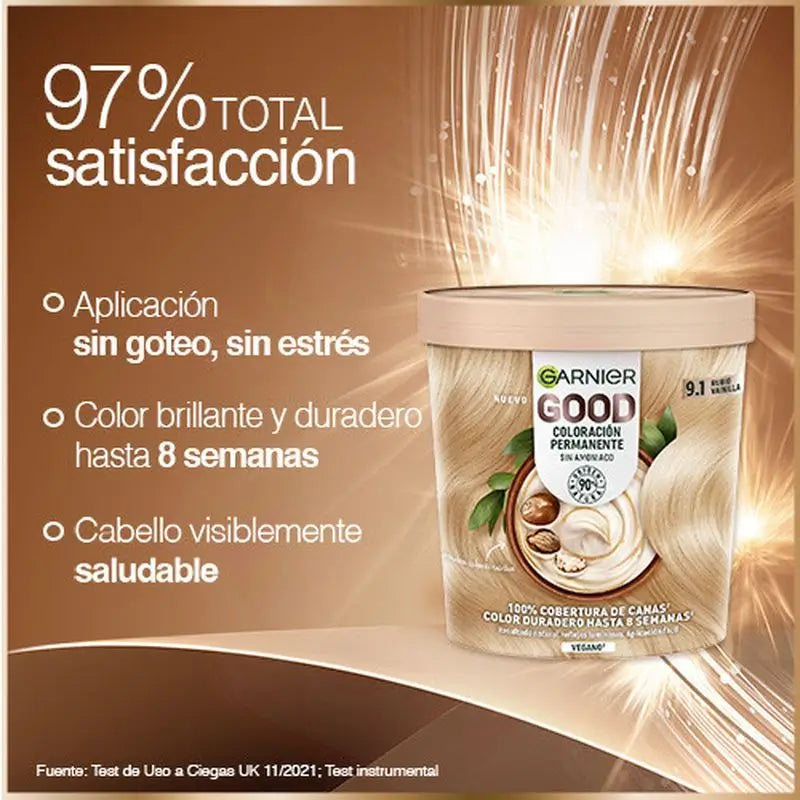 Garnier Good Μόνιμη βαφή χωρίς αμμωνία, 90% φυσικής προέλευσης, απόχρωση 9.1 Ξανθό βανίλια.