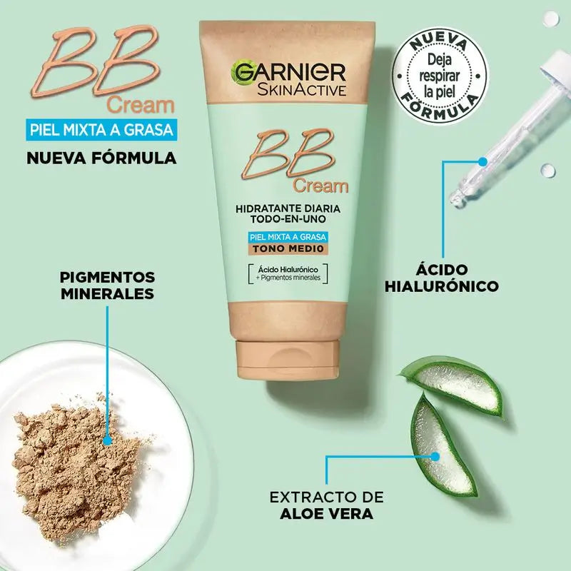 Garnier Skinactive BB Cream με ματ αποτέλεσμα για μικτές έως λιπαρές επιδερμίδες, μεσαία απόχρωση. Ενυδατικό προϊόν «όλα σε ένα» με χρώμα, SPF 25, 50 ml