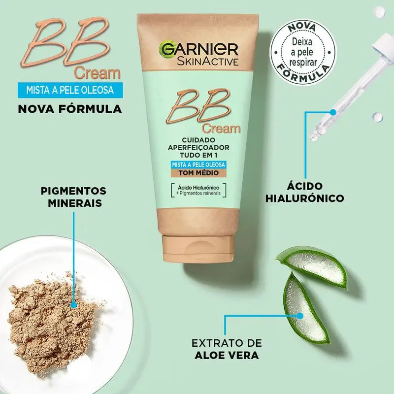 Garnier Skinactive BB Cream με ματ αποτέλεσμα για μικτές έως λιπαρές επιδερμίδες, μεσαία απόχρωση. Ενυδατικό προϊόν «όλα σε ένα» με χρώμα, SPF 25, 50 ml