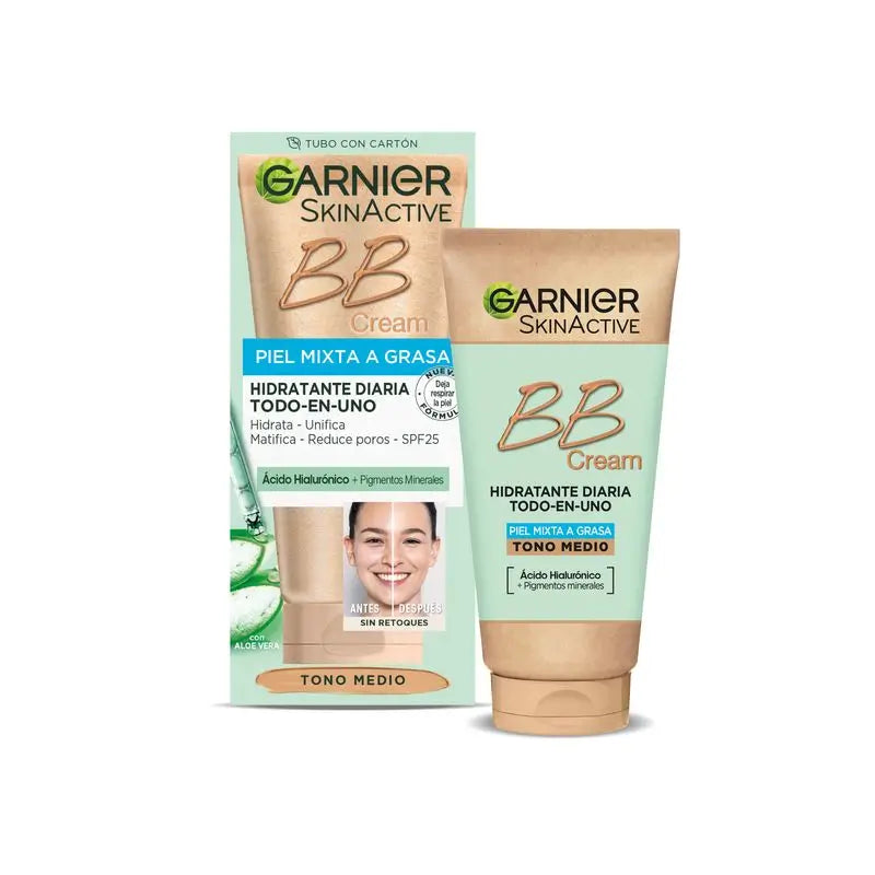 Garnier Skinactive BB Cream με ματ αποτέλεσμα για μικτές έως λιπαρές επιδερμίδες, μεσαία απόχρωση. Ενυδατικό προϊόν «όλα σε ένα» με χρώμα, SPF 25, 50 ml