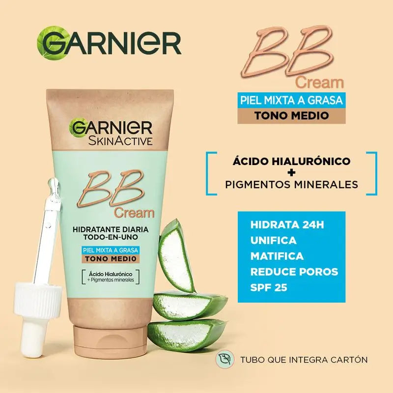 Garnier Skinactive BB Cream με ματ αποτέλεσμα για μικτές έως λιπαρές επιδερμίδες, μεσαία απόχρωση. Ενυδατικό προϊόν «όλα σε ένα» με χρώμα, SPF 25, 50 ml
