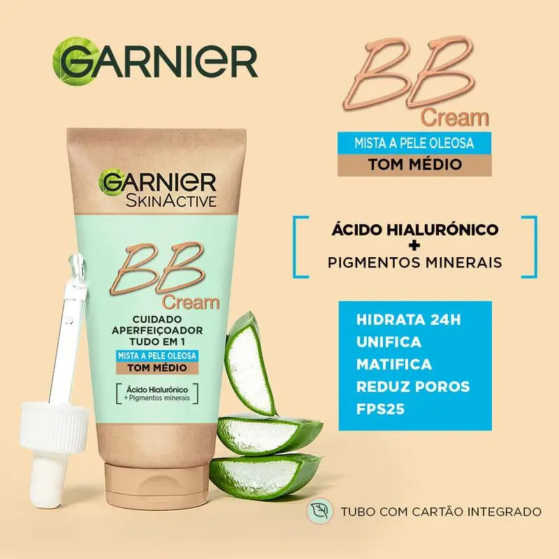 Garnier Skinactive BB Cream με ματ αποτέλεσμα για μικτές έως λιπαρές επιδερμίδες, μεσαία απόχρωση. Ενυδατικό προϊόν «όλα σε ένα» με χρώμα, SPF 25, 50 ml