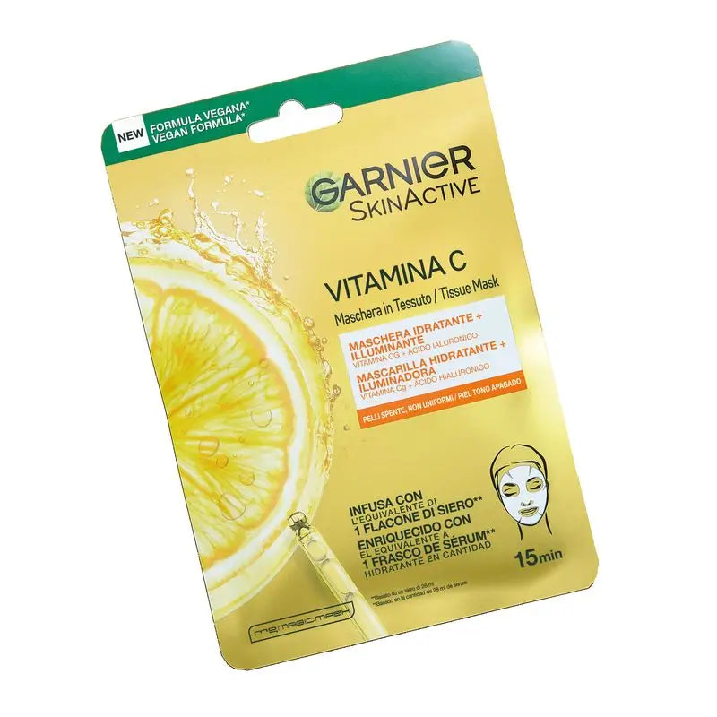 Garnier Tissue Mask για το πρόσωπο με βιταμίνη C και υαλουρονικό οξύ. Εντατικά ενυδατωμένο δέρμα, ορατά πιο λαμπερό και λείο