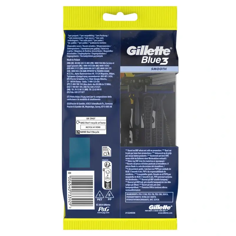 Gillette Blue3 Smooth 8+4 Ξυραφάκια μίας χρήσης για άνδρες με περιστρεφόμενη κεφαλή 40° και λιπαντική ταινία, 12 τεμάχια