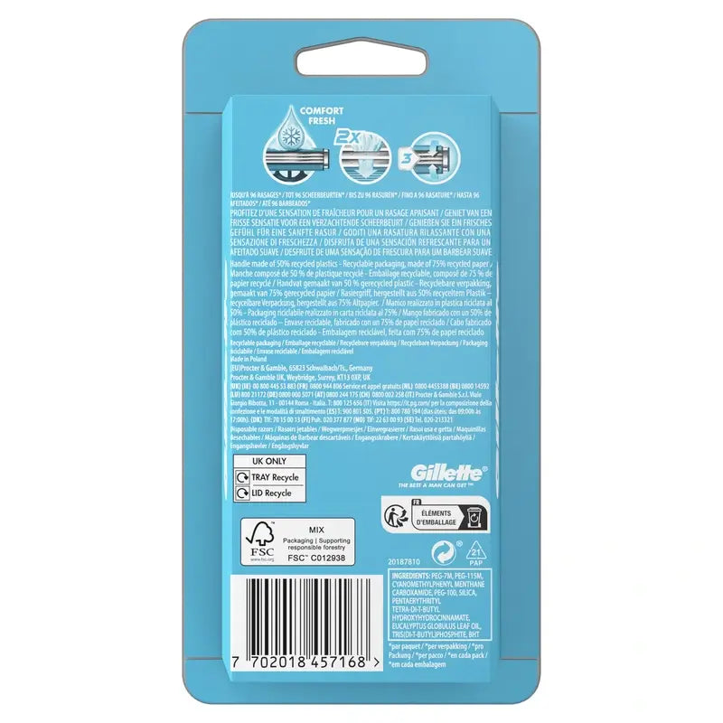 Gillette Sensor3 Cool Ξυραφάκια μίας χρήσης για άνδρες με λωρίδα λίπανσης με άρωμα ευκαλύπτου, 8 τεμάχια
