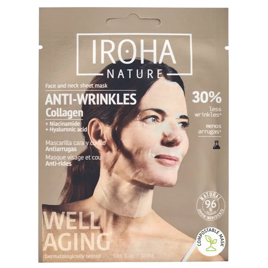 Iroha Nature Αντιρυτιδική μάσκα προσώπου και λαιμού σε μορφή χαρτομάντιλου – Κολλαγόνο, 30 ml