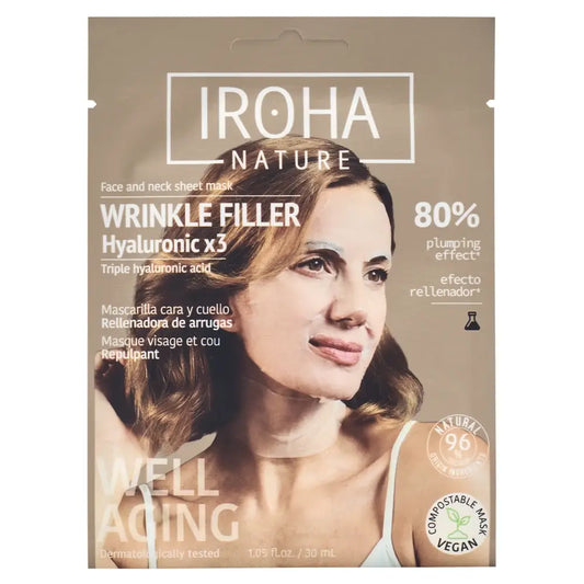 Iroha Nature Μάσκα προσώπου και λαιμού από χαρτί για την πλήρωση των ρυτίδων – Τριπλό υαλουρονικό οξύ, 30 ml