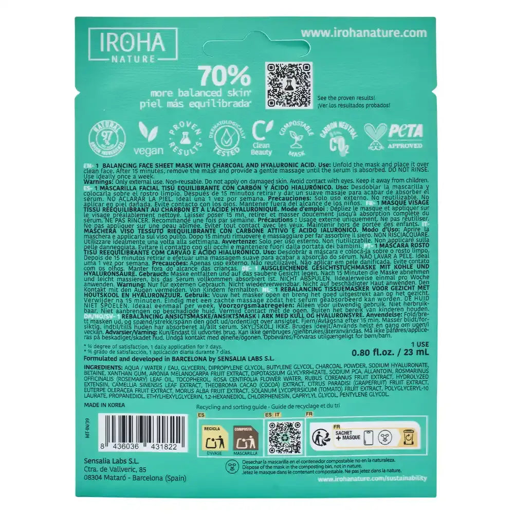 Iroha Nature Εξισορροπητική Μάσκα Προσώπου σε Χαρτομάντιλο - Άνθρακας, 23 ml