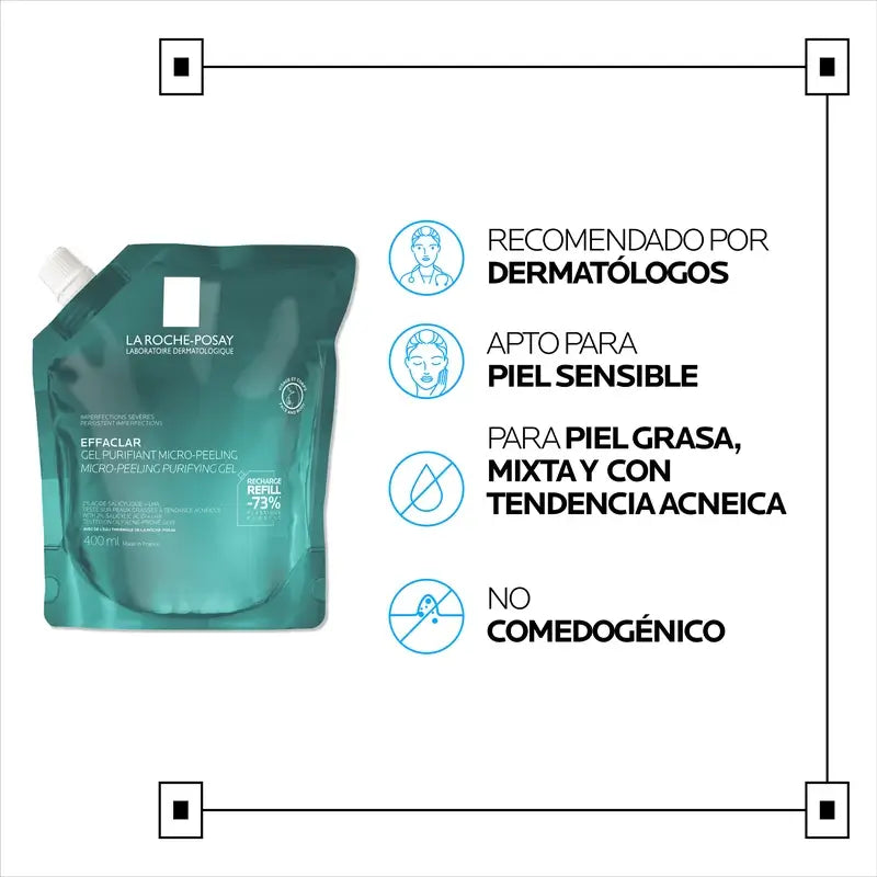 La Roche-Posay Effaclar Μικροαπολεπιστικό Τζελ, Επαναγεμιζόμενη Συσκευασία, 400 ml