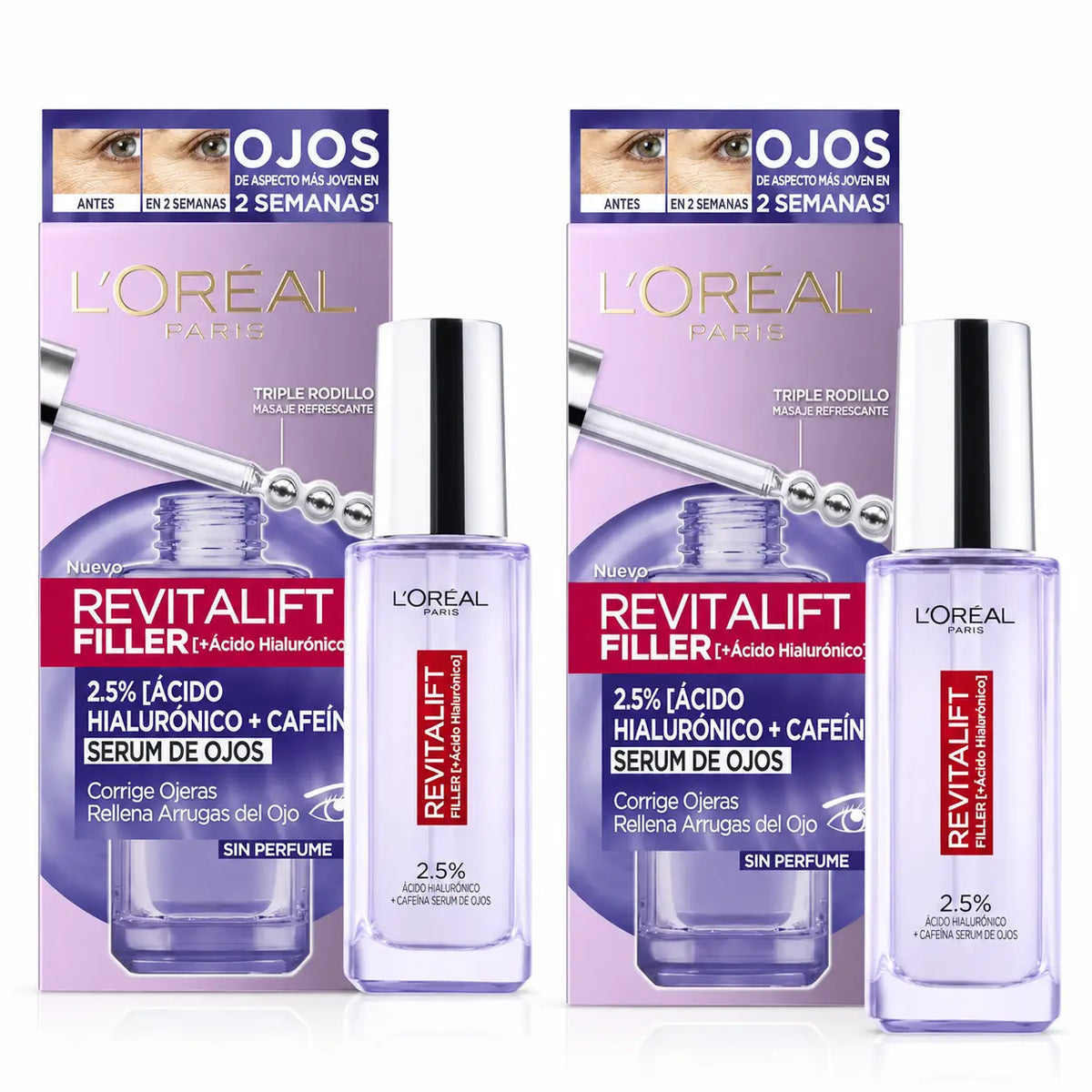 L'Oréal Paris Revitalift Filler Ορός για τα Μάτια: 2,5% υαλουρονικό οξύ και καφεΐνη, τριπλό roll-on, συσκευασία των 2 τεμαχίων
