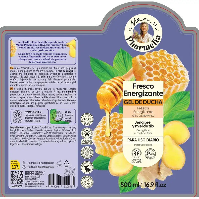 Mama Pharmelia Δροσιστικό και τονωτικό αφρόλουτρο με τζίντζερ και μέλι από φλαμουριά, 500 ml