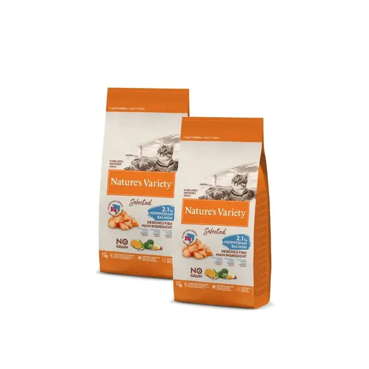 Nature's Variety Selected Feline Adult για στειρωμένες γάτες με σολομό, τροφή για γάτες 7 kg, συσκευασία των 2