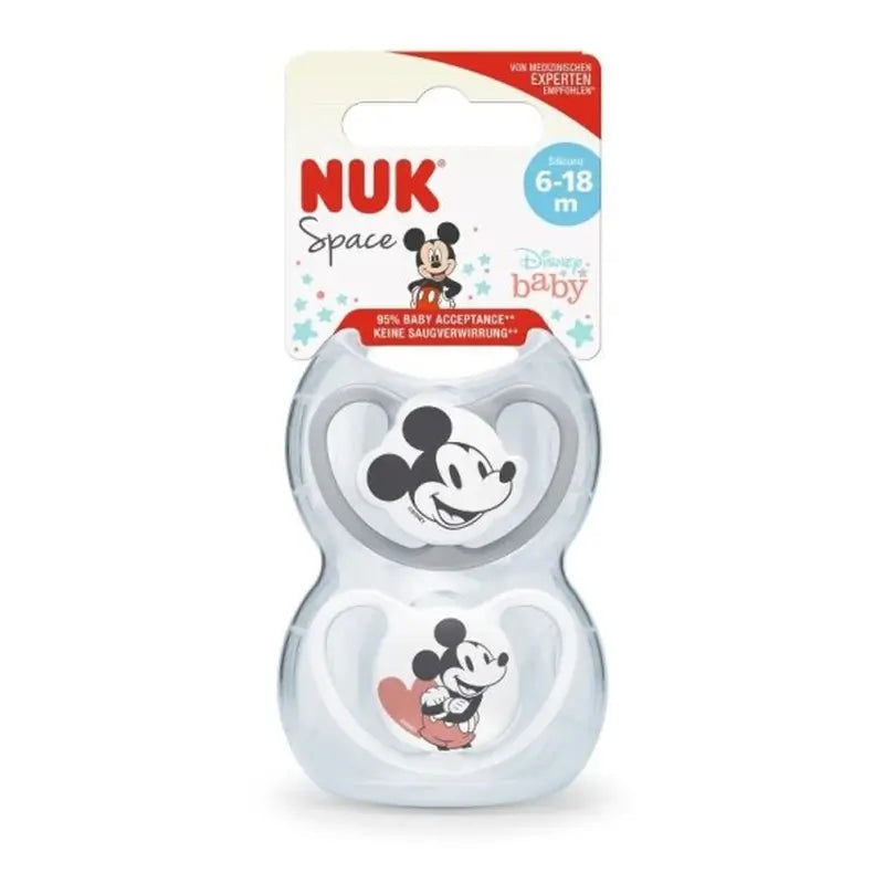 Nuk Πιπίλα Space Mickey Mouse Γκρι T2 6-18M Σιλικόνη, 2 τεμάχια