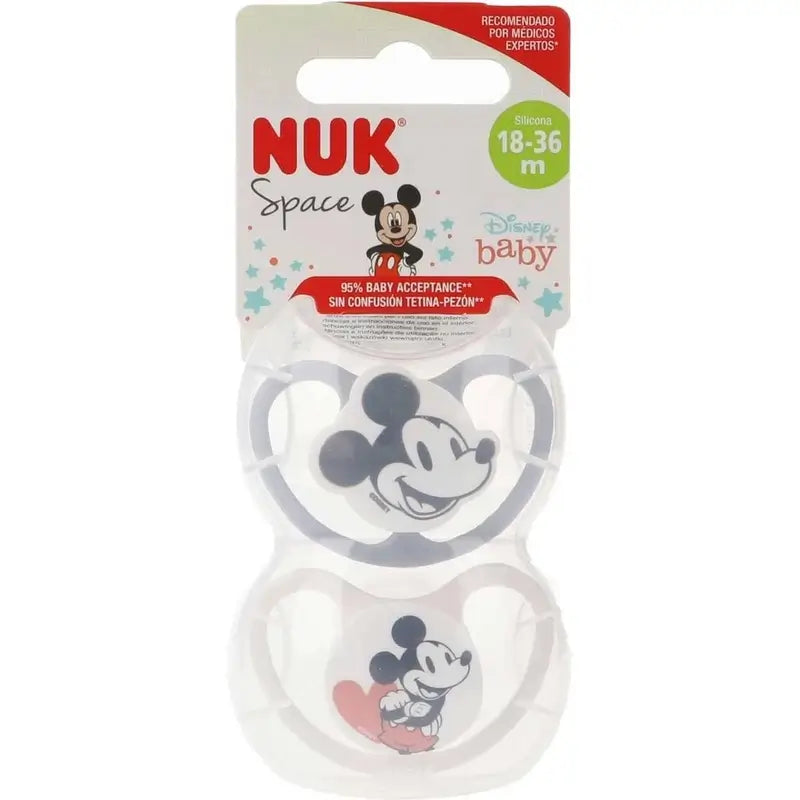 Nuk Πιπίλα Space Mickey Mouse Γκρι T3 18-36M Σιλικόνη, 2 τεμάχια