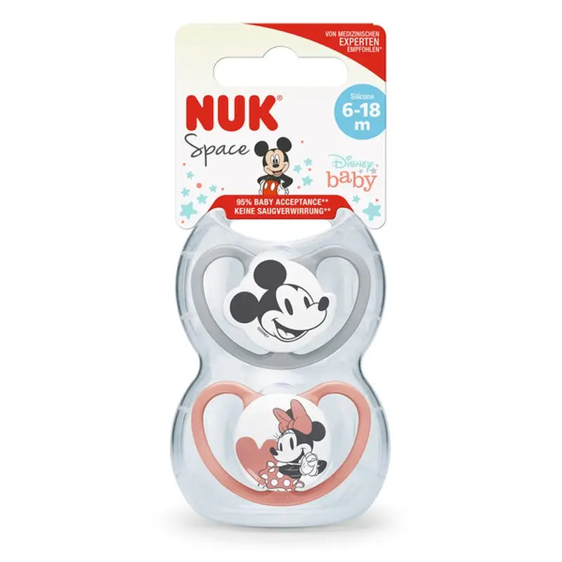Nuk Πιπίλα Space Mickey Mouse Κόκκινη T2 6-18M Σιλικόνη, 2 τεμάχια