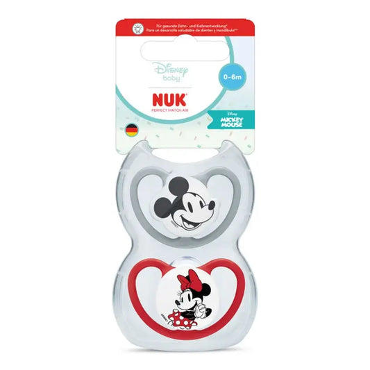 NUK Perfect Match Air Πιπίλα από σιλικόνη T1 0-6 μηνών Μίκυ Μάους Κόκκινο/Γκρι, 2 τεμ.