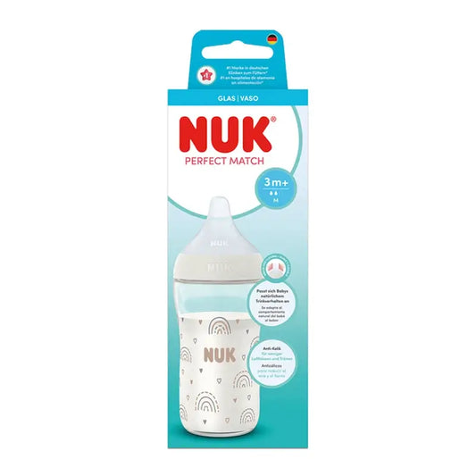 NUK Perfect Match Γυάλινο μπιμπερό 230 ml Θηλή M 3m+ Ουράνιο τόξο