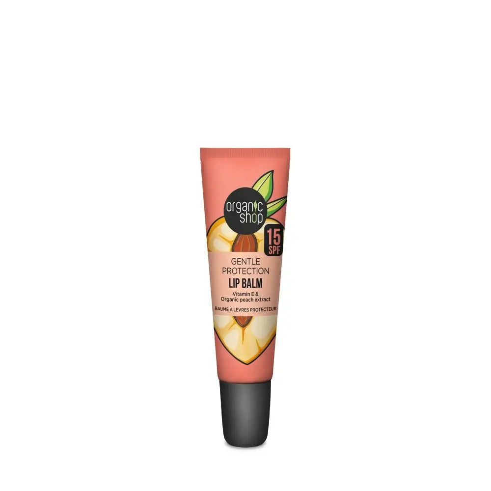 Organic Shop Βάλσαμο χειλιών με ήπια προστασία SPF 15. Βιταμίνη Ε και εκχύλισμα ροδάκινου, 10 ml 