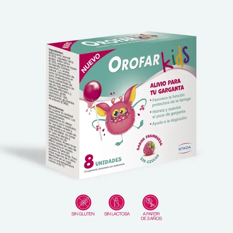 Orofar Kids Γλειφιτζούρια για τον πονόλαιμο, γεύση βατόμουρου, χωρίς ζάχαρη, 8 γλειφιτζούρια