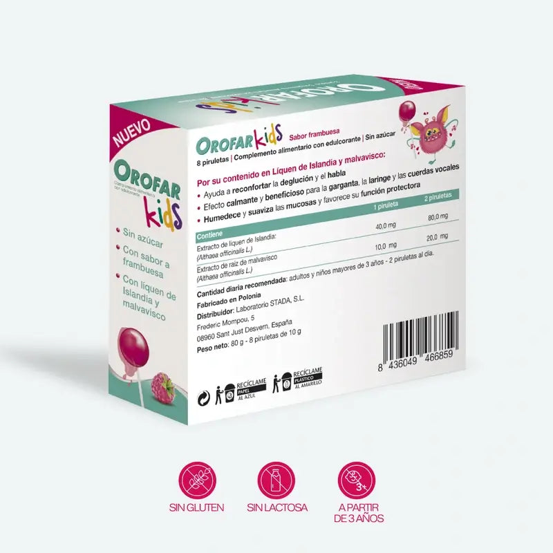 Orofar Kids Γλειφιτζούρια για τον πονόλαιμο, γεύση βατόμουρου, χωρίς ζάχαρη, 8 γλειφιτζούρια