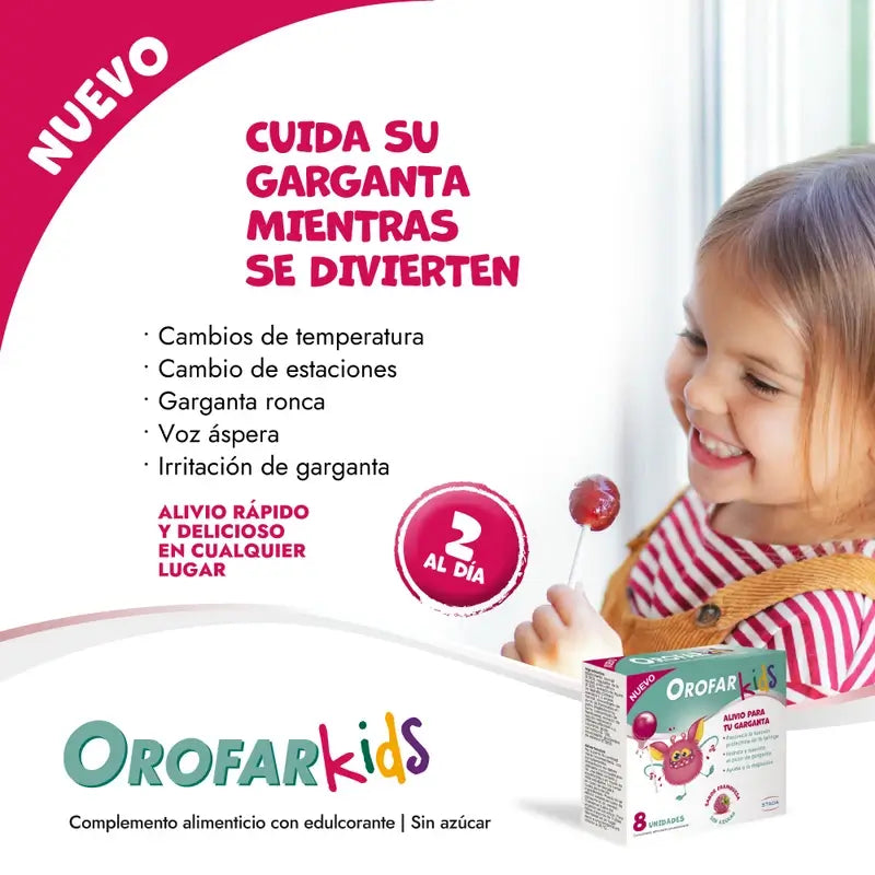 Orofar Kids Γλειφιτζούρια για τον πονόλαιμο, γεύση βατόμουρου, χωρίς ζάχαρη, 8 γλειφιτζούρια