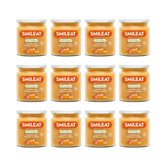 Smileat Βαζάκι με βραστό φαγητό με μοσχάρι και ζαμπόν 230 g, συσκευασία 12 τεμαχίων