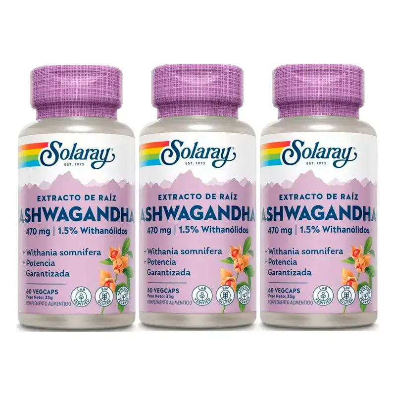 Solaray Ashwagandha 470 mg φυτικής προέλευσης, συσκευασία 3 x 60 κάψουλες