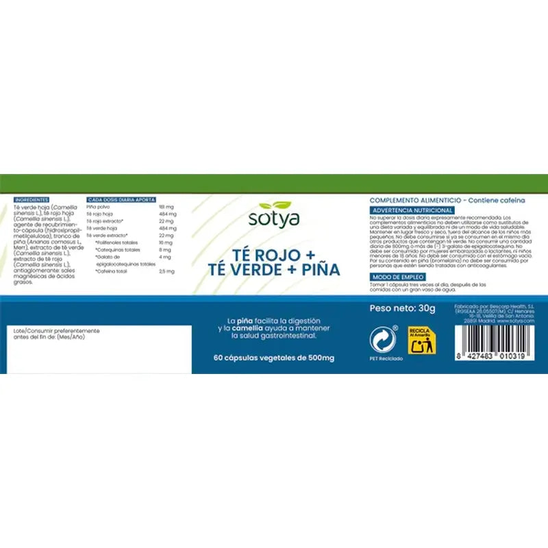 Sotya Κόκκινο Τσάι + Πράσινο Τσάι + Ανανάς 500 mg, 60 κάψουλες